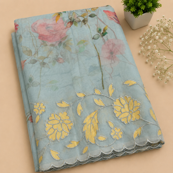 Hand Woven Applique Border on Pure Organza Silk Fabric
