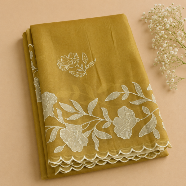 Applique border on pure organza silk fabric