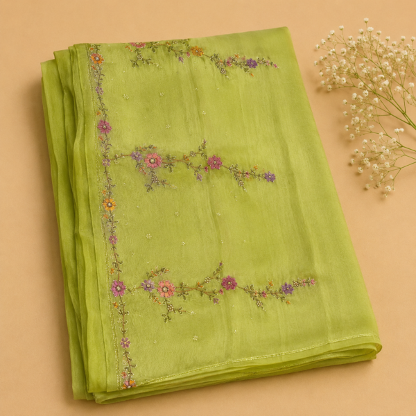 Hand Woven Line Green Banarsi Organza Silk Saree