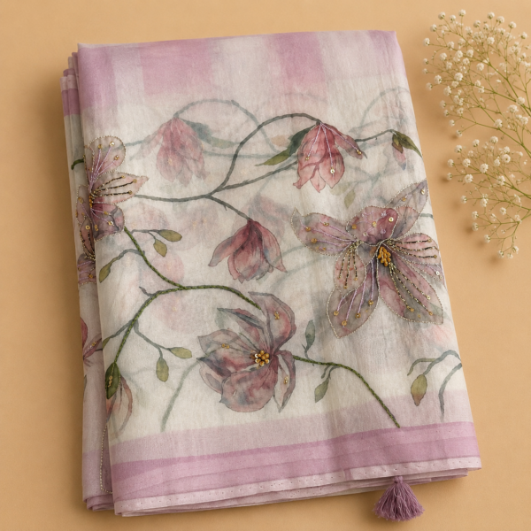 Handwoven Pastel Pink Banarasi Organza Silk Saree